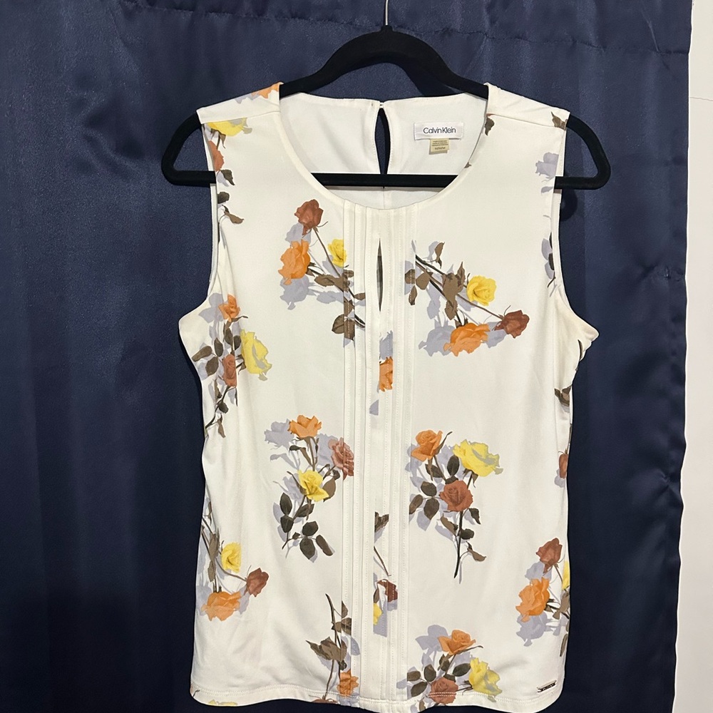 Calvin Klein Floral Print Sleeveless Blouse - White, Orange, Yellow